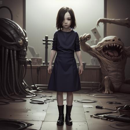 ((masterpiece, best quality)),(complex lighting),solo,1girl,full body, eveline, black dress, black hair, <lora:EvelineRE1:0.6>,child, boots, sleeves rolled up, monster, hair over one eye.