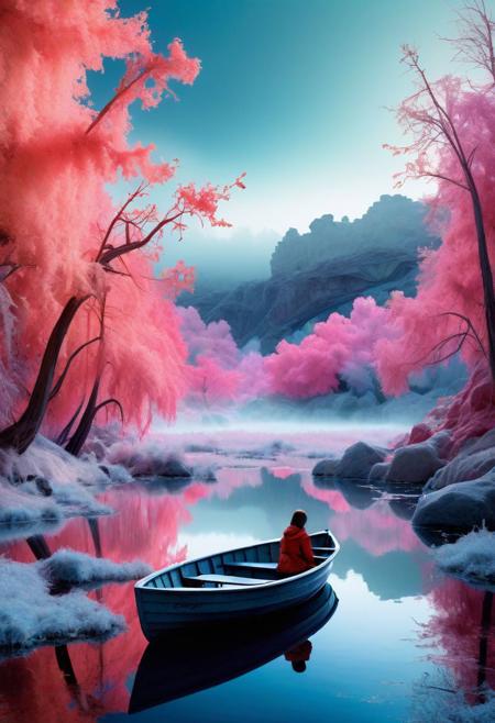 (Infrared Photography by Suze Randall and Faye Schulman:1.2), award winning, (aesthetic of installation art with sweet atmosphere:0.5)award winning, (aesthetic of abstract landscape with wailing atmosphere:0.5),( award winning, (aesthetic of abstract landscape with wailing atmosphere:0.1),dystopian style from the cave you can see a smooth lake, a girl and a dog are sitting in a boat, there is fog on the shore, a dark forest, mountains are illuminated by dawn in a haze . bleak, post-apocalyptic, somber, dramatic, highly detailed
 battle stancevibrant,  , highly detailed,byJocelyn Hobbie and Charles Dwyer, Triadic color guide,Leica Q2 with Summilux 28mm f/1.7 ASPH, ,clear face, Ultra High Resolution,