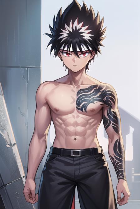 hiei, black hair, spiked hair, (red eyes:1.5), headband, hiei, black hair, spiked hair, (red eyes:1.5), third eye, retro artstyle, 1990s \(style\), belt, tank top, pants, black pants, black top, belt, tank top, pants, black pants, black top, (bandaged arm:1.5), belt, pants, black pants, (bandaged arm:1.5), topless, belt, pants, black pants, topless, tattoo, (dragon tattoo:1.2), arm tattoo, (black tattoo:1.2),