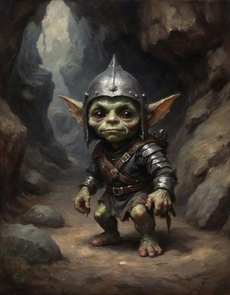 oil painting of a diminutive goblin wearing a metal helmet and leather tunic emerging from the shadows of a long cave wiry arms and taloned hands chiaroscuro black eyes background deep ominous cave