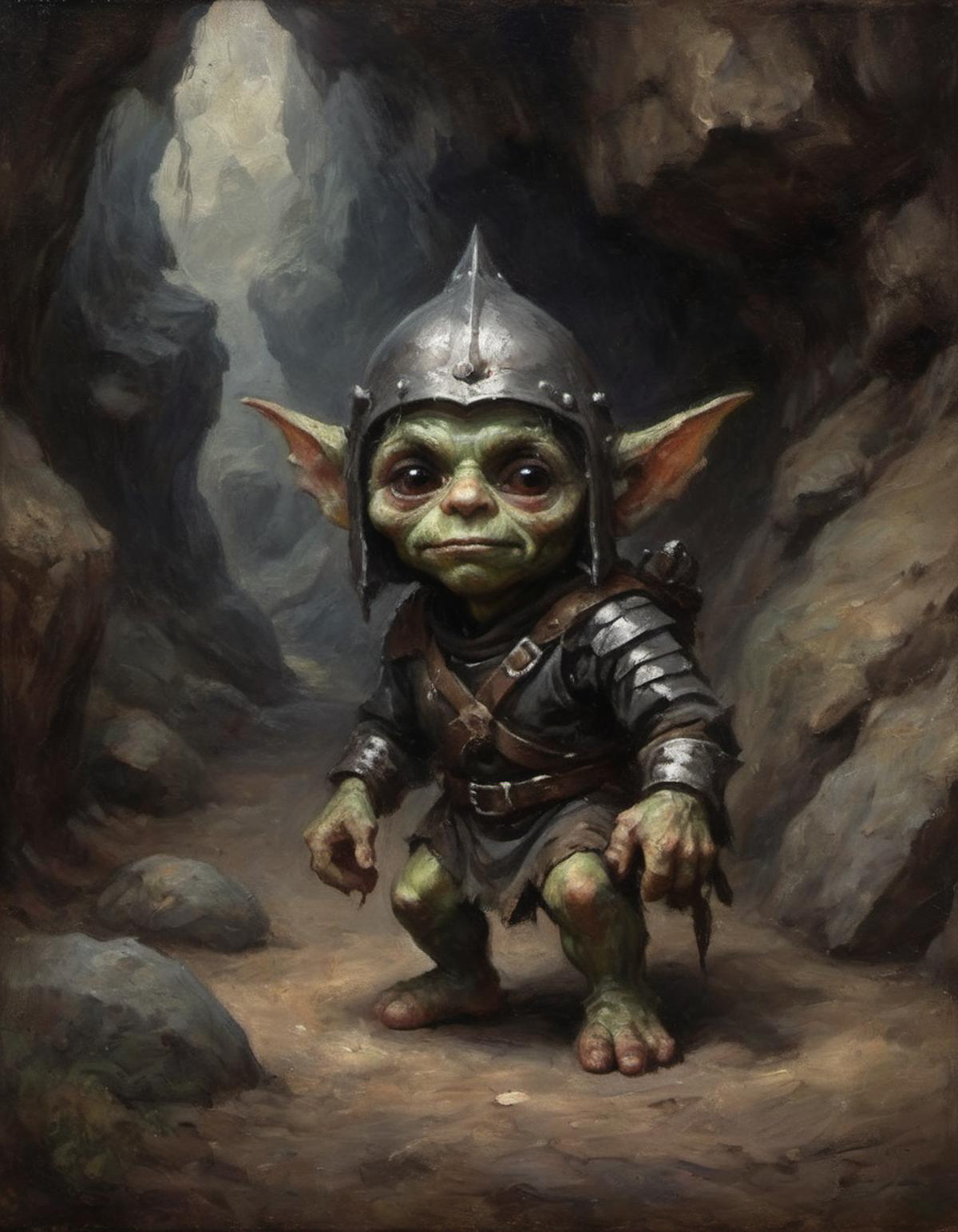 A painting of a green, pointy-eared creature wearing armor and a helmet.