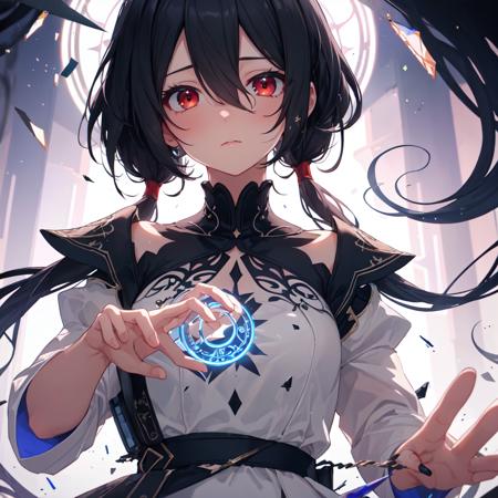 (masterpiece, best quality, ultra-detailed, best shadow), (detailed background,dark fantasy), (beautiful detailed face), high contrast, (best illumination, an extremely delicate and beautiful), ((cinematic light)), colorful, hyper detail, dramatic light, intricate details, (1 girl, solo,black hair, sharp face,low twintails,red eyes, hair between eyes,dynamic angle), blood splatter, swirling black light around the character, depth of field,black light particles,(broken glass),magic circle,