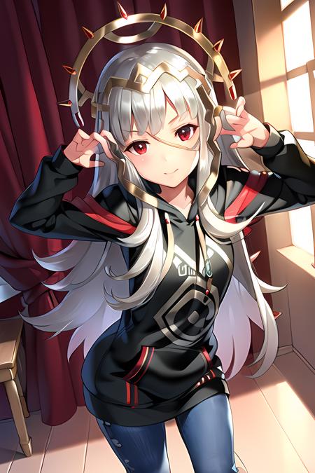 masterpiece, (best quality, 8K, ultra detailed)1.2, cinematic angle, amazing_character design, beautiful detailed eyes, symmetrical, centered, shiny_skin, shiny_hair, veronica_fe, grey hairs, red eyes,light_smile, long_jean, hoodie,appartment, cowboy_shot, epic, legendary