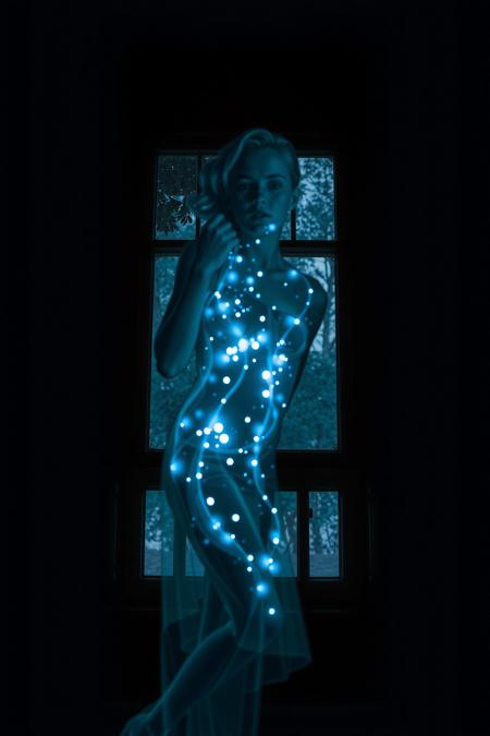 BREATHTAKING double exposure image featuring a translucent see-through apparition FORMED FROM DELICATE Grayish BLUE dark gray light sparkles taking the rough fuzzy form of a young woman with blond hair and with beautiful figure, at night, she is INSIDE an old Victorian haunted house, late at night with DARK skies seen from windows, the woman's silhouette is blended as double exposure photograph with the window and trees outside, HYPER-MAXIMALIST, photorealism, cinematic horror, unreal engine, 8k, surreal rendition, EROTIC and MESMERIZING AND terrifying