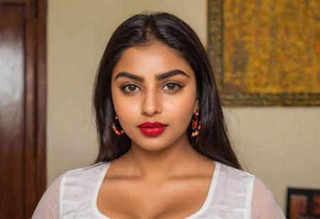 Indian, girl, 35 years old, seductive face, curvy body, cleavage, school dress, red lipstick, ((symmetrical face with high cheekbones, almond-shaped eyes, a defined jawline, and full lips.)), bedroom, looking at viewer, 
voluptuous figure, Mid Riff, Navel, Cleavage, Sagg yBreasts, Curvy, Deep Neck, Her skin should be a warm, rich brown tone, smooth and glowing. Her face should be beautifully detailed with expressive eyes, full lips, and a confident expression. She should have long, dark hair styled elegantly, with traditional accessories like bangles, earrings, and a bindi. She holding a bill board asking for "Buzz"