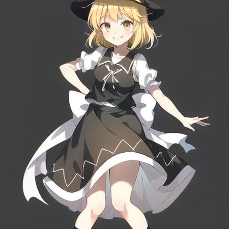 yuki \(touhou\) 1girl, solo, yellow eyes, yellow hair, bow, hat bow, socks, black footwear, black skirt, short sleeves, black vest, white sleeves, frill skirt,