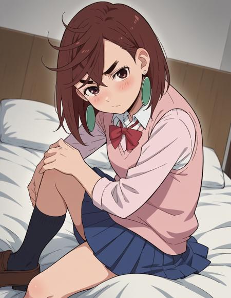 <lora:momo-ayase-leak-ponyxl-lora-nochekaiser:1>, momo ayase, short hair, brown hair, brown eyes, bangs, thick eyebrows, skirt, school uniform, pleated skirt, shoes, socks, loafers, sweater vest, pink sweater, shirt, white shirt, collared shirt, earrings, green earrings,