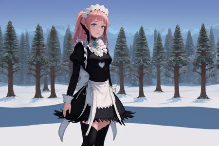 masterpiece, best quality, <lora:background-terraria-richy-v1:1> terrariabackground, forest, winter, dead trees, blue sky, scenery, vista, 1girl, solo, standing, <lora:felicia-fe-richy-v1:1> feliciadef, maid, maid headdress, black thighhighs