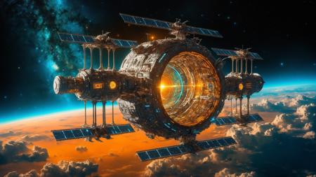 Beautiful bioluminescent galactical space station with energy shield floating through the cosmos into an particle sci-fi portal into star trail,astral,triadic colours,intricately detailed,maximalist,extraordinary space station,iridescent,stunning masterwork by head of prompt engineering,<lora:add-detail-xl:4>,<lora:[SD XL1.0 LoRa] Star Shadow æå½±  ã»ããã Concept:0.8>,