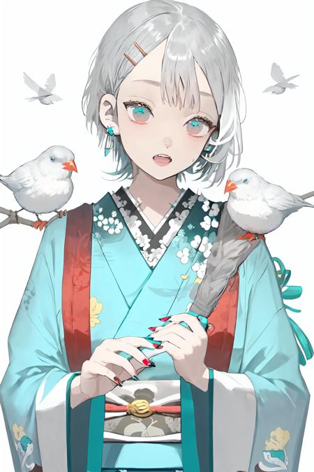 1girl, solo, short hair, open mouth, simple background, hair ornament, long sleeves, white background, holding, jewelry, upper body, white hair, grey hair, earrings, parted lips, japanese clothes, hairclip, wide sleeves, kimono, nail polish, sash, bird, animal, obi, phone, floral print, blue nails, multicolored eyes, aqua nails, animal on shoulder, bird on shoulder, corded phone,
 <lora:karohroka:1>