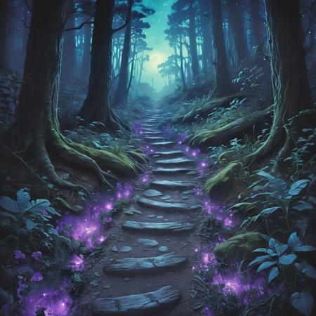 <lora:SDXLFaeTastic2400:0.5>, space made foot steps, glowing tracks,foot print,from above,fantasy ,in forest,black patterned,all blue and purple shades,,Sketched, Sepia filter, organic, detailed, deep rich colors, fine detail, luxury, cinematic, positive emotional, hkmagic, glowing,