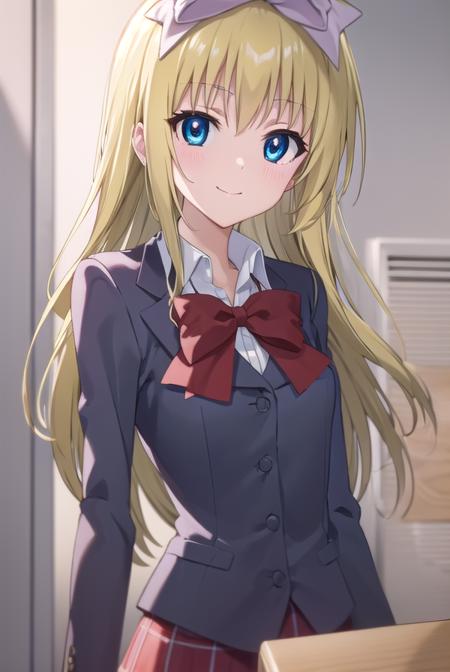 mafuyushiina, <lora:mafuyu shiina s2-lora-nochekaiser:1>,
mafuyu shiina, long hair, blue eyes, blonde hair, bow, hair bow, bowtie, smile,
BREAK skirt, school uniform, plaid, plaid skirt, shirt, white shirt, collared shirt, jacket, long sleeves, black jacket,
BREAK indoors, classroom,
BREAK looking at viewer, (cowboy shot:1.5),
BREAK <lyco:GoodHands-beta2:1>, (masterpiece:1.2), best quality, high resolution, unity 8k wallpaper, (illustration:0.8), (beautiful detailed eyes:1.6), extremely detailed face, perfect lighting, extremely detailed CG, (perfect hands, perfect anatomy),