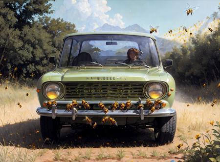 realistic photo of a lada, on (in the hell:1.2), (bees:1.2),  by Jeremy Lipking, by William Bouguereau, (by Alphonse Mucha:0.5),  sabudenego, jeremy lipking, masterpiece