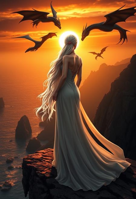 A sensual depiction of Daenerys Targaryen, the Mother of Dragons, standing on the edge of a cliff overlooking the sea at sunset. She wears a flowing, form-fitting gown that billows in the wind, her platinum hair cascading down her back. Her dragons circle above, casting long shadows across the rocky landscape. The warm, golden light of the setting sun enhances her ethereal beauty, creating a powerful and seductive presence as she gazes out over her kingdom with a fierce determination.