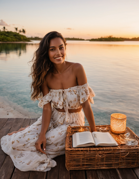 A breathtaking French Polynesian woman sits barefoot on a weathered wooden deck at the edge of a lagoon at dusk. She wears a loosely tied floral pareo around her hips and a soft linen bandeau top, her posture relaxed and confident. Her long, wavy dark hair falls over one shoulder, kissed by the warm breeze, with tiny jasmine flowers tucked behind her ear. Her rich, sunlit skin glows with natural textureâsubtle skin pores, fine facial hairs, and a sun-kissed warmth. Her deep, dark brown eyes shimmer with reflection, and her full, glossy lips curl into a thoughtful, serene smile.
A crystal glass of water and a leather-bound travel journal sit beside her on a small rattan table, half-lit by the soft glow of a golden hour lamp with a woven shade. The lagoon behind her reflects the sky, awash in pastel oranges, corals, and soft lilacs. Palm fronds sway above, casting delicate shadows across her shoulders. The composition feels effortless, as if caught mid-thoughtâa glimpse into a perfect private moment.