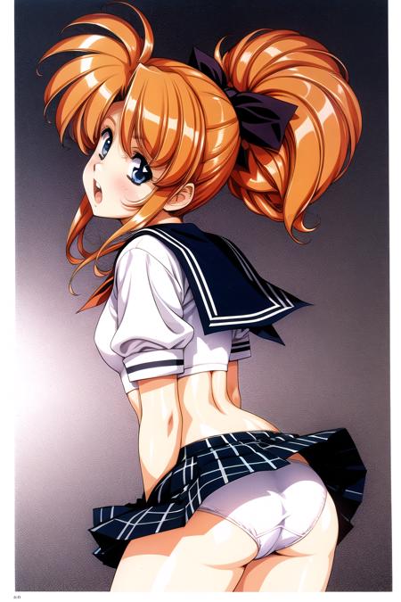 <lora:qiyuanzhizhi:0.8>,1girl, underwear, panties, skirt, solo, school uniform, blue eyes, ass, plaid, ponytail, plaid skirt, white panties, looking back, skirt lift, clothes lift, bow, orange hair, brown hair, open mouth, hair bow, serafuku, blush, pleated skirt