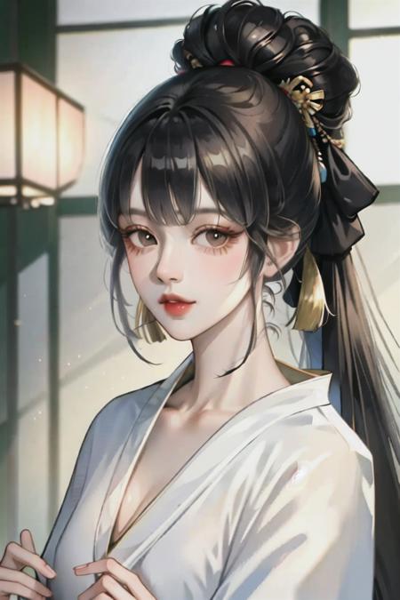 1girl, bangs, black eyes, black hair, japanese clothes, kimono, long hair, looking at viewer, ponytail, solo, upper body, white background, white kimono, (shiny skin),(masterpiece:1.4),(best quality:1.4),realistic, <lora:animeV2.0:0.800000>