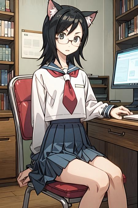 (masterpiece),(best quality),<lora:Harumi:0.8>, Harumi, glasses, grey eyes, cat ears, school uniform, blue skirt, red necktie, bedroom, desk, chair, sitting, old computer, bookshell, mangas, <lora:Adddetail:0.7>