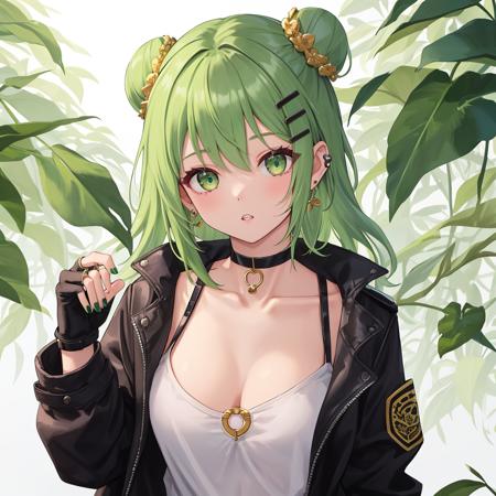 1girl, solo, green eyes, hair bun, jewelry, looking at viewer, green nails, multicolored hair, black hair, choker, bangs, earrings, hair ornament, jacket, o-ring, collarbone, upper body, black choker, leaf, green hair, single hair bun, long sleeves, cleavage, nail polish, hairclip, signature, breasts, black jacket, hand up, parted lips, head tilt, colored inner hair, fingerless gloves, masterpiece, best quality,