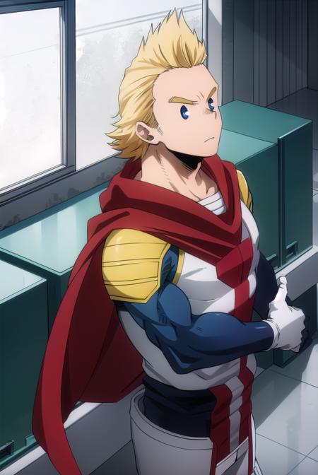 mirio, <lyco:mirio-lyco-nochekaiser:1>,
mirio, short hair, blonde hair, spiked hair,
BREAK gloves, boots, pants, cape, bodysuit, white footwear, red gloves, red cape, blue pants, superhero,
BREAK looking at viewer, upper body,
BREAK indoors, classroom,
BREAK <lyco:GoodHands-beta2:1>, (masterpiece:1.2), best quality, high resolution, unity 8k wallpaper, (illustration:0.8), (beautiful detailed eyes:1.6), extremely detailed face, perfect lighting, extremely detailed CG, (perfect hands, perfect anatomy),