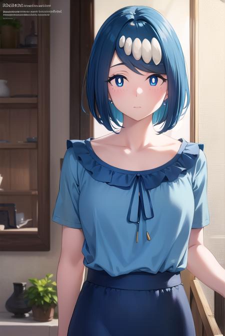 pokemonmotherlana, <lora:pokemonmotherlana-lora-nochekaiser:1>,
pokemonmotherlana, blue eyes, blue hair, freckles, hair ornament, long hair, swept bangs, (bright pupils:1.5),
BREAK blouse, blue skirt, bracelet, collarbone, dress, jewelry, long skirt, shirt, short sleeves, skirt, white shirt,
BREAK looking at viewer, full body, (cowboy shot:1.5),
BREAK indoors,
BREAK <lyco:GoodHands-beta2:1>, (masterpiece:1.2), best quality, high resolution, unity 8k wallpaper, (illustration:0.8), (beautiful detailed eyes:1.6), extremely detailed face, perfect lighting, extremely detailed CG, (perfect hands, perfect anatomy),