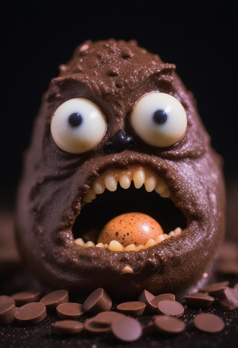 A gnome with googly eyes, eating excessive chocolate goo, sharp chocolate teeth, rage extraterrestrial inside it, in space. surrounded by chocolate chips, Close up, blurry background. glowing dust in mouth
zavy-flrscnc, fluorescent, fluorescent spraypaint,