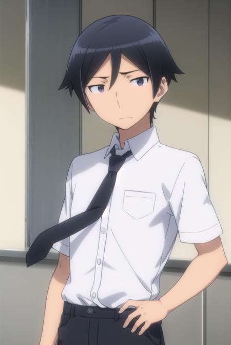 kyousukekousaka, <lora:kyousuke kousaka s2-lora-nochekaiser:1>,
kyousuke kousaka, black hair, male focus, (black eyes:1.5),
BREAK shirt, school uniform, white shirt, short sleeves, necktie, black necktie,
BREAK indoors, classroom,
BREAK looking at viewer, (cowboy shot:1.5),
BREAK <lyco:GoodHands-beta2:1>, (masterpiece:1.2), best quality, high resolution, unity 8k wallpaper, (illustration:0.8), (beautiful detailed eyes:1.6), extremely detailed face, perfect lighting, extremely detailed CG, (perfect hands, perfect anatomy),