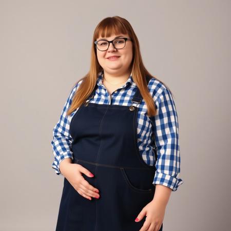 cottage-core style setting full body shot of a chubby adult woman with long straight bangs, glasses, a blue gingham button down shirt and a dark denim overall dress, and pink flip flops