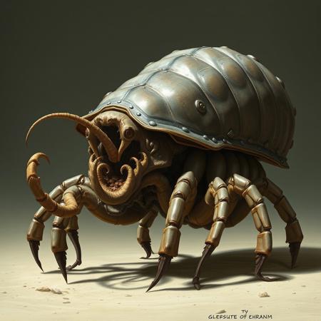 giant pill bug, sand crab, large gapping maw with tentacles reaching outward, claws to push food in, hr gieger, lovecraftian, high detail, armored shell, many legs, ((side view))