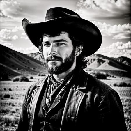 RAW, photorealistic, best_quality, cowboy-shot of a man in the western american frontier, year 1860, the style of Ansel Adams