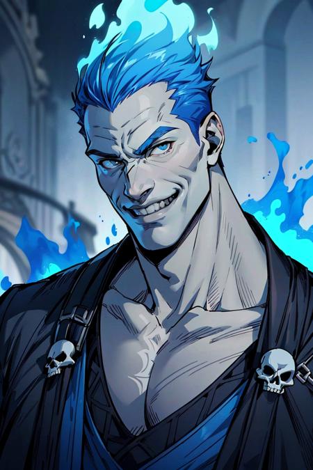 ((masterpiece,best quality)), muscular ,
<lora:Hades_Disney:0.6>, Hades_Disney,  (blue fire:1, fiery hair, blue fire), solo, 1boy, young handsome face,
grey skin, smile,
skull accessory,
looking at viewer, upper body, cinematic composition, <lora:more_details:0.5>