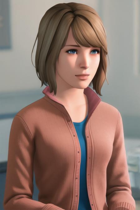 portrait of maxcaulfield ,solo, shirt, brown hair, short hair, realistic, (pink sweater:1.1), lips, blue eyes, nose, bangs, sad, crying