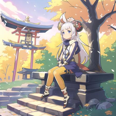 mitsuh1de sitting on stone stairs, full body, japanese pagoda, japanese torii, long hair, <lora:mitsu8:1.0>  <lora:dragalia style:1.0>, Realistic painting style, masterpiece, best quality, absurdres, pixiv,