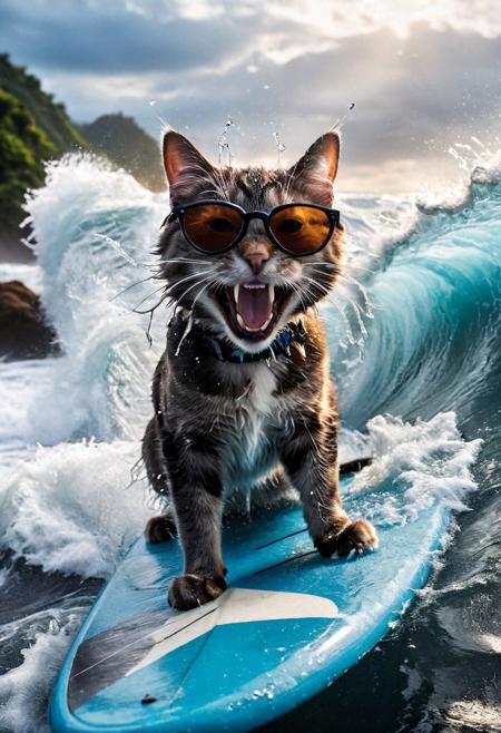 A mesmerizing photograph frozen in time, showcasing a cat skillfully surfing on a surfboard amidst towering waves. The cat, sporting trendy sunglasses and an open-mouthed grin, is captured mid-ride as water splashes around it, adding to the sense of motion and drama. The photograph's high contrast and dramatic lighting enhance the intensity of the scene, transporting viewers to the heart of the action