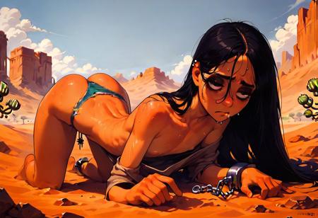 score_9,score_8_up,score_7_up, ASCII, masterpiece, expressive eyes, perfect face, pureerosface_v1, goth girl, short girl, minute, denim miniskirt, , deep neckline, (flat chest), petite, skinny, beautiful,
tied and chained to a box in the middle of the desert alone, on all fours, 1 girl, she is sweaty and urinated, her face is tired and exhausted, worms are coming out of her ass, large, thong drawn and cactus and stones, ferocious animals surround her, desert, no background, side image