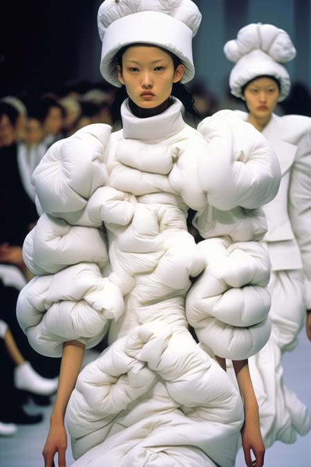 <lora:Avant-garde Fashion:1>Avant-garde Fashion - A close up photograph of material puffy clothes from spring 1999, Yohji Yamamoto's featured a distinctive aesthetic that combined avant-garde design elements with a monochromatic color scheme. In this specific runway photo, the garments showcased are white,k