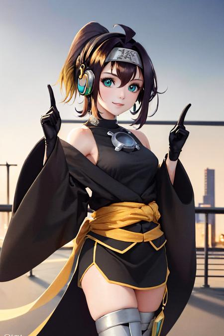 ygosforce ahoge ponytail headband headphones japanese clothes thighhighs black gloves bare shoulders