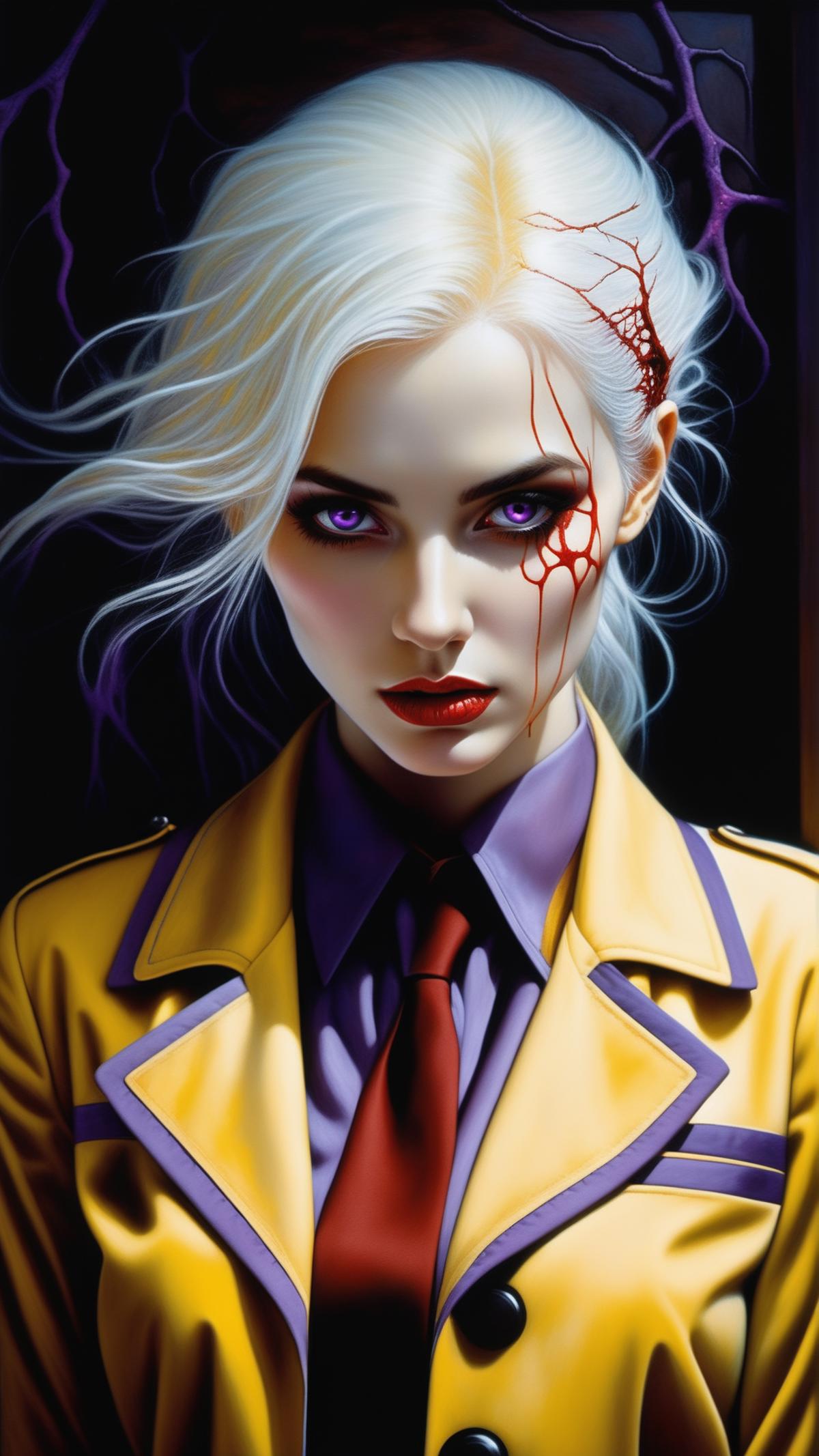 A woman with purple eyes and a purple tie in a yellow jacket.
