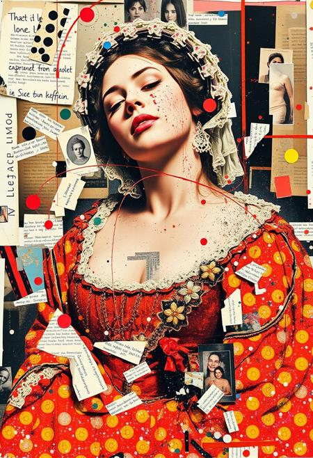 A boldly coloured mixed-media collage. Collage of vintage amateur film porn photographs.  urgent sense of chaos and energy blending fragmented styles, layers and textures. 
A vintage risograph of an Elizabethan woman with freakishly large breasts faking an orgasm.  
Layered over this obscuring the image are multiple fragmented and overlapping layers of chaotic thick paint, splatters, handwritten scrawled text messages, torn photographs and broken distorted pornographic images filling the canvas. Stars and glitter. Layers of repetition of brightly coloured dots in Yayoi Kusama style.