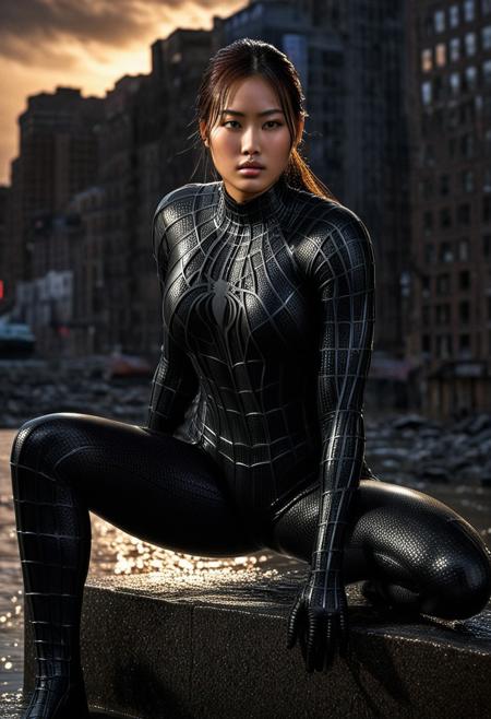 score_9, score_8_up, score_7_up, best quality, realistic, masterpiece, beautiful detail, hyperrealistic, night sky, ((1girl, woman body, big breasts)), amazing detailed full body portrait of a beautiful korean girl, wearing a realistic and highly detailed black raimi spider-man suit, ((huge muscular girl)), professional model wears ultra - detailed black raimi spider - man suit, ultra - detailed and grained black raimi spiderman suit, suit covered entire body and hand, black spiderman gloves, wet, (spread leg, sitting, serious face), (full body), (dirty skin), close up, octane render, highly detailed, volumetric, dramatic lighting, (highest quality:1.1), (HDR:1.3), (top quality, best quality), realistic, high definition,