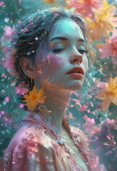 (huge source of light in the center:1.5), see through body, surrounded by a bright cyan glow, dark creating a sense of wonder and magic. The overall ambiance of the illustration is clean, modern, and abstract, with a touch of surrealism., illustration background covered with glowing stars, there is a galaxy in the background at the top corners of the screen, falling stars colored in a bright purple hue, dynamic pose (with long long in kimono, cyberpunk, yellow_sun, teal background, red translucent magical glowing flowers:1.12), (green eyes:0.7), (black and red hair:1.15), (abstract:0.25), (art nouveau style:0.1), heart (masterpiece:1.2), (best quality:1.2), sharp focus, (8k), beautiful, high quality, (hightres:1.1),  pink hologram scifi white _james jean, floating female figure made of ribbons, smoke, in the sky, colorful and vibrant, mystical colors, contemporary impressionism, yanjun cheng portrait painting, iridescent painting, 3/4 perspective view, cute face, low angle, sweeping circling composition, large beautiful crystal eyes, big irises, UHD, HDR, 8K, (Masterpiece:1. 5), (the most beautiful portrait in the world:1.5) white
white hologram  purple hologram holographic
glitch (Bubbly Surface Textures), Gilded details, Creative concept, Luminous reflections, Innovative concept, Fiery edges, Serene ambiance