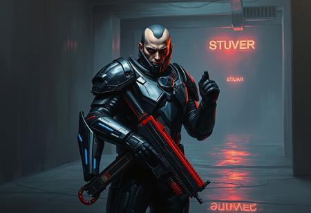 An atmospheric oil painting in a neo-noir cyberpunk style, depicting an epic grimdark chad in a futuristic suit of armor, rendered with impasto texture. The armor is mainly black and silver, catching subtle, moody blue reflections, while blue accents are highlighted. He stands in a dimly lit, damp concrete room, holding a substantial red and black gun pointed upwards. The paint strokes are visible, adding depth and texture. His gaze is directed intently at the camera, rendered with expressive brushwork. Reflections of distant neon lights might shimmer on the wet concrete floor or the armor. The lighting is dark and evocative, emphasizing mood over clarity. The overall scene feels like a dark, painted vision from a dystopian future. 4K, Exceptional Quality, More Detail, Lifelike Details, Super Detailed Face and Eyes and Clothes, Handcrafted with Precision, High Quality, Sharp Lines and Brush Strokes, Stunning Colors, Harmonious Colors, Multi Colored, Contemporary Aesthetics, Beautiful Matte Painting, Impeccable Composition, Creative Angle, Attractive Background, Balanced Editing, Intentional Focus, Well-timed Moment, Isometric, Dynamic Action Pose, Captivating Lighting, Grammer Effect Style, Splash Ink Illustration, Octane Render, Unreal Engine 5, Raphael Style, Houdini Style, Vivid Emotions, Joyful Impact, Powerful Message, Beautiful Detailed Eyes, CGSociety, Artstation Trending on ArtstationHQ, Golden Ratio by Mark Brooks and Brad Kunkle detailed, UHD 8K.