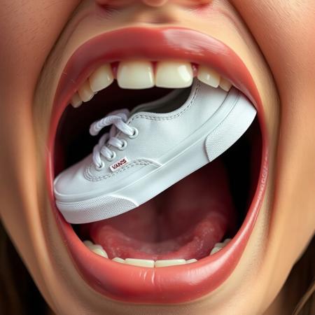 woman with her mouth open. there is a size 6 women's sneaker inside her mouth
(((all-white-canvas-women's-Vans-sneakers))), (((Vans-Authentic-sneakers))),