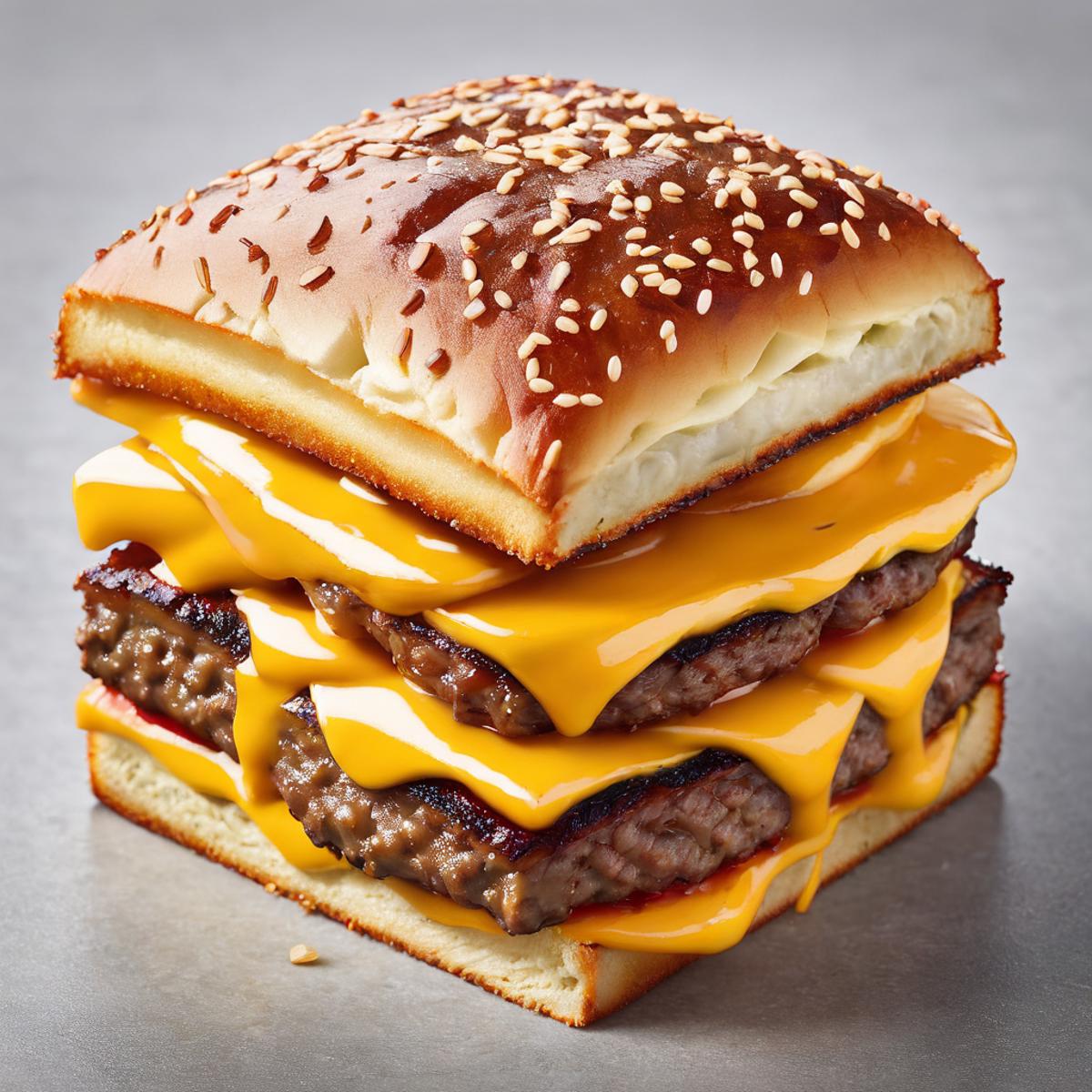A delicious cheeseburger with sesame seeds on a bun on a table.