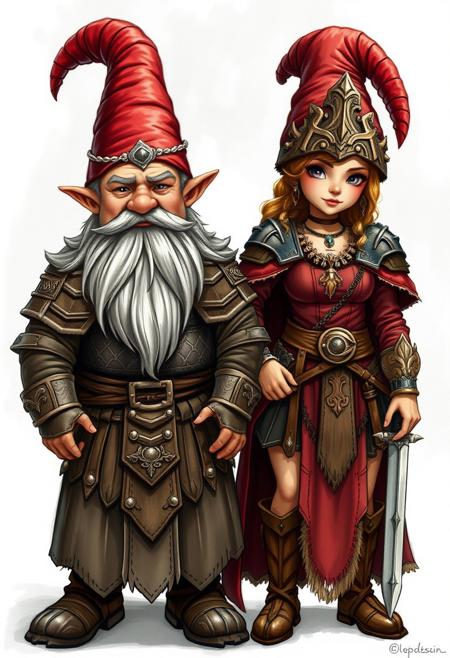 A male and female Gnome, dressing style in a fantasy world, tanned skin, living in cities, they come from a fantasy culture similar to medieval Germany, armor, helm, weapons, rich, jewelry, earrings, necklaces, warrior, smith, in the style of a haute couture drawing, Full body, full figure,