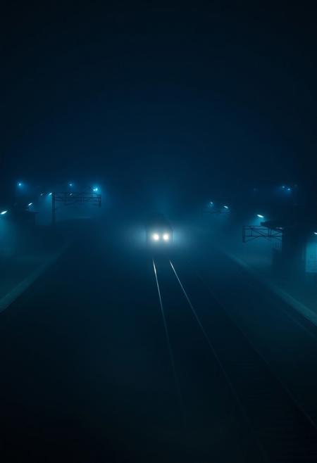 "A still, hauntingly beautiful evening train station, bathed in deep blue hues and thick, slow-moving fog. The camera lingers motionless above the tracks, capturing the eerie stillness—only the faint glow of distant station lights piercing the mist. Suddenly, a slow, ghostly movement: a single train arrives silently, its headlights cutting through the fog like dim searchlights. The air shimmers with floating particles, and the scene feels frozen in time, yet alive with tension. No people, no loud sounds—just the quiet hum of machinery and the occasional creak of metal. Cinematic, 4K, 35mm film grain, muted colors, surreal and dreamlike."