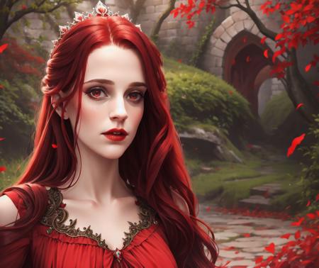 a photo, princess witch ,hair red, fantasy dress, realistic, hd, beautiful dress red, realistic, half body shot, sharp focus, 8 k high definition, insanely detailed