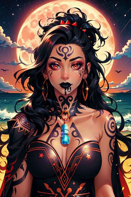 AotearoaMatariki, 1girl, solo, long hair, tattoo, facial tattoo, black lipstick, chin tattoo, tribal tattoo, Maori, polynesian, tan skin, tan skinned female, black hair, bare shoulders, brown eyes, jewelry, upper body, makeup, lipstick, cloak, feathered cloak, covered, tribal dress, demon wings, outdoors, by the ocean, dusk, moon, night sky, stars, glowing, magic,  4 point perspective, vantage point, embers,  <lora:MatarikiAotearoa:0.6>