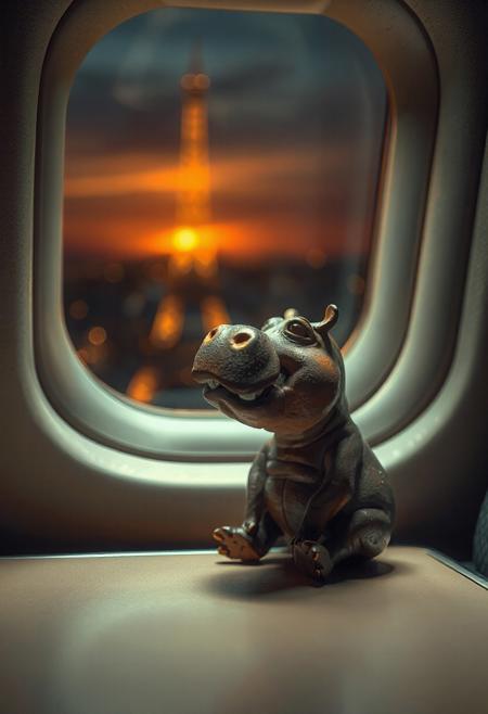 professional photography, perfect timing, perfect quality, 16k, very detailed, highly detailed, realistic, photorealistic, scinematic, Volumetric lighting, depth of field, wide angle, cinematic, vibrant, dynamic lighting, dramatic light. Atmospheric effects, bokeh, low lighting, dark shadows, strong shadows, dramatic lighting, highly detailed, detailed miniature shot of a rusty miniature happy hippo. sitting on a table of a seat in a plane looking to the window next to him. in the window you can see the eifel tower and paris by night. dramatic sundown and lightrays.