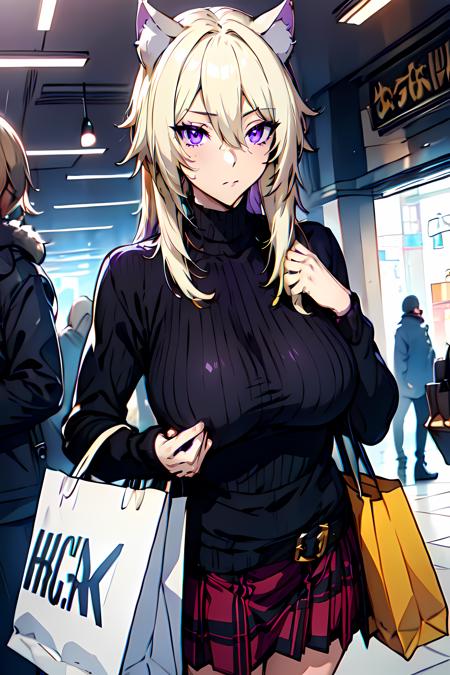 (purple eyes:1.3)
masterpiece,best quality, unreal engine, ultra res, extremely detailed, 
1girl, medium breasts, waist, slender, (muscular:0.8)
<lora:Character_ort_zeta_eminence_v1.0:0.8> 
zeta_eminence,light blonde, cat ear, 
oversized sweater, long sleeves, turtle neck,
plaid skirt, 
day, city, holding shopping bag,
<lora:Concept_Round_Breasts_V7:0.4>ROUND BREASTS, medium BREASTS 
<lora:Style_hews_style:0.5> <lora:Style_cutesexyrobutts_v2:0.1> <lora:Style_puuzaki-puuna-lora-v1:0.1> 
<lora:Style_anmnr01AOM3A1:0.2>